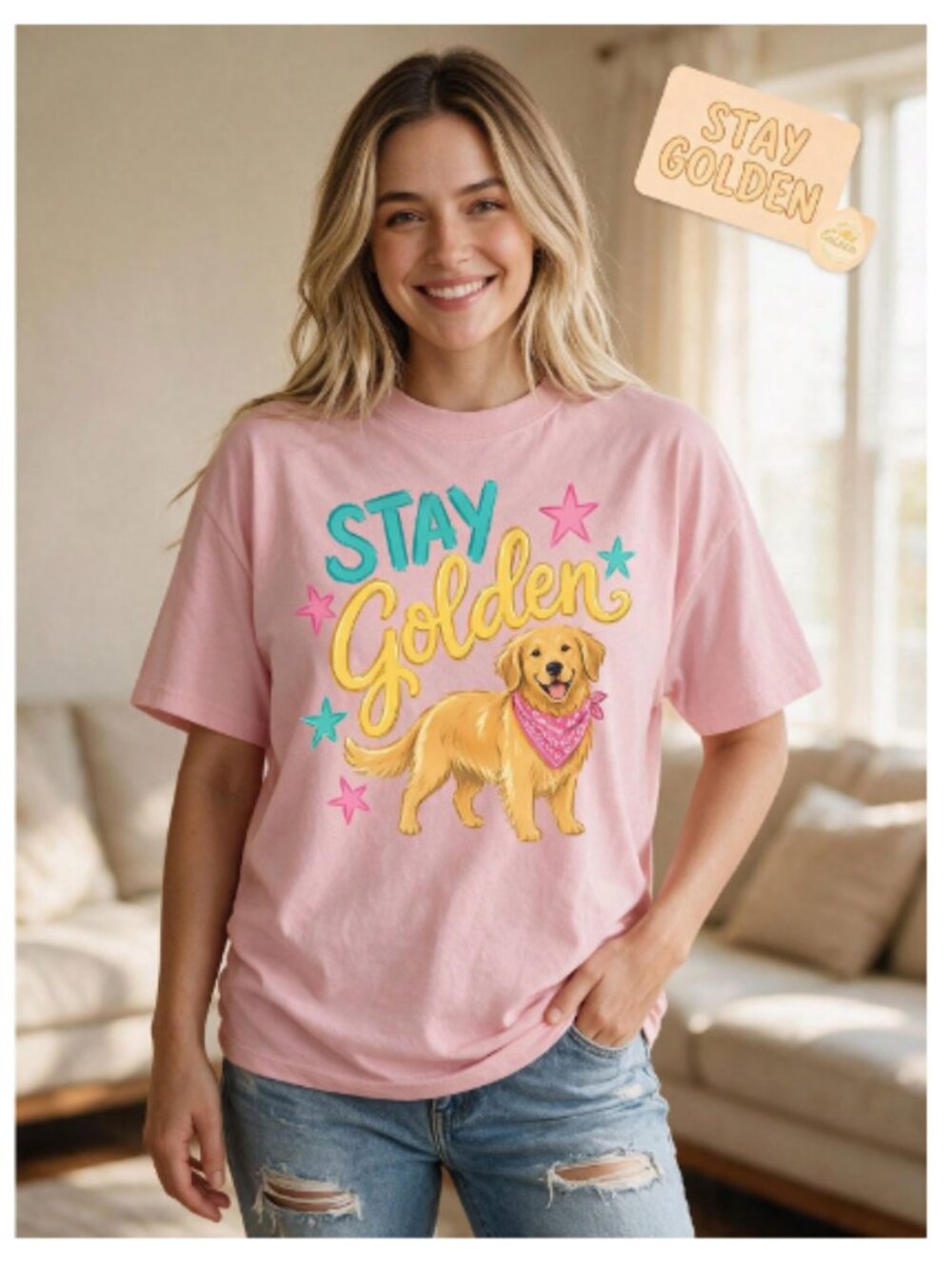 Women’s Stay Golden Retriever Graphic T-Shirt Dog Lover Tee Pink - Medium